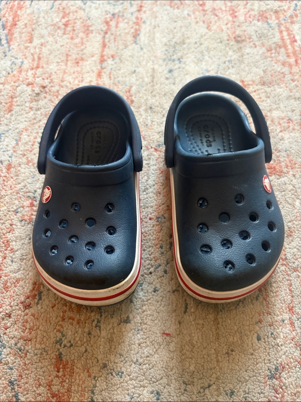 CROCS Kids Navy Clogs with Red and White Trim